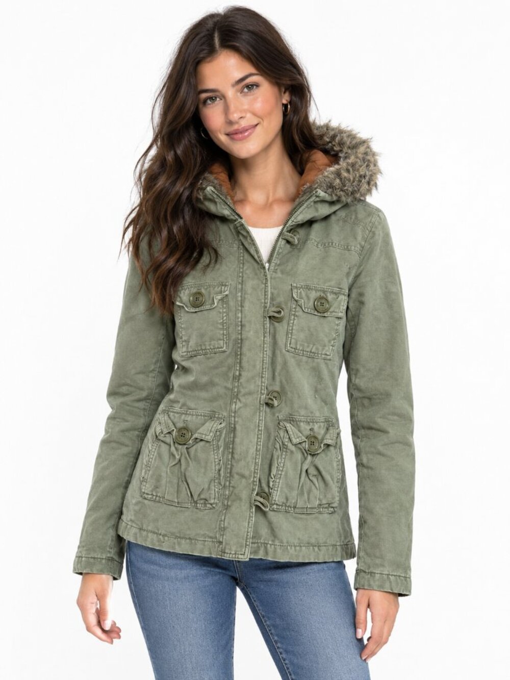 Hollister Vintage Y2K Military Fur Hooded Zip Up Jacket in Olive Green Size M